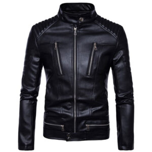 Mens Casual Slim Fit Sheepskin Leather Biker Jacket