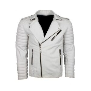 Mens Classic Brando Biker White Motorcycle Leather Jacket
