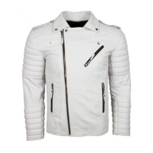 Mens Classic Brando Biker White Motorcycle Leather Jacket
