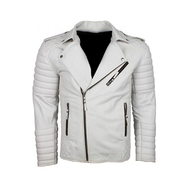 Mens Classic Brando Biker White Motorcycle Leather Jacket