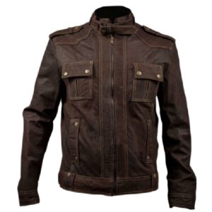 Mens Slim Fit Stone Washed Brown Leather Biker Jacket