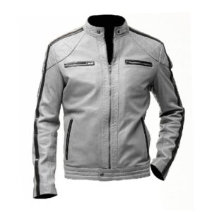 Mens Striped Biker Cafe Racer Leather Jacket