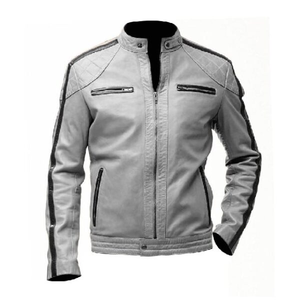 Mens Striped Biker Cafe Racer Leather Jacket