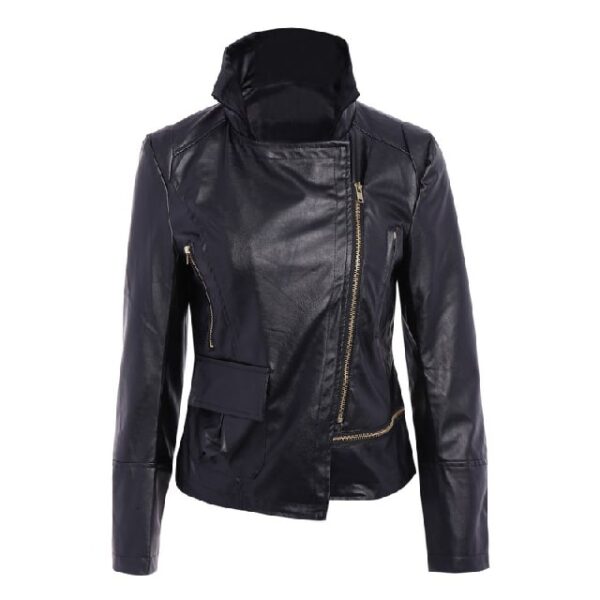 Women Mid-Night Asymmetric Slim Fit Black Leather Jacket