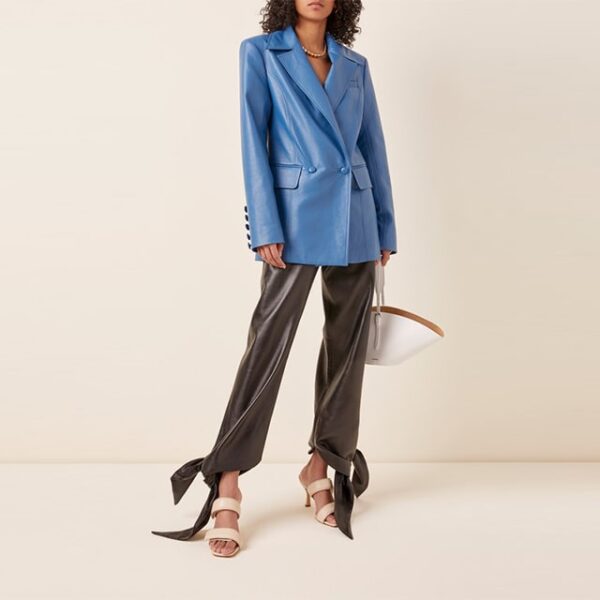 Rich Blue Double Breasted Button Leather Blazer
