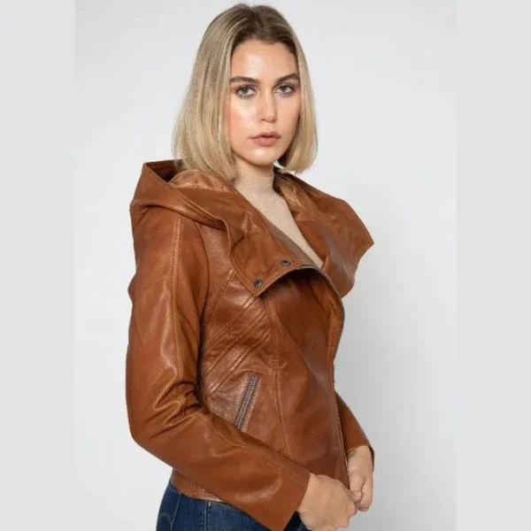 Sasha Womens Brown Hooded Leather Jacket