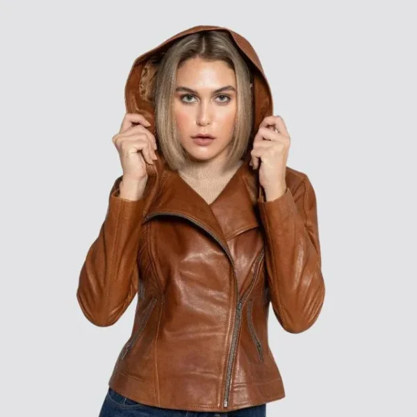 Sasha Womens Brown Hooded Leather Jacket