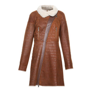 Brown Faux Shearling Trimmed Long Faux Fur Leather Coat