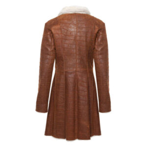 Brown Faux Shearling Trimmed Long Faux Fur Leather Coat