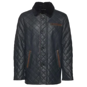 Black Men’s Quilted Sheepskin Shearling-Style Coat