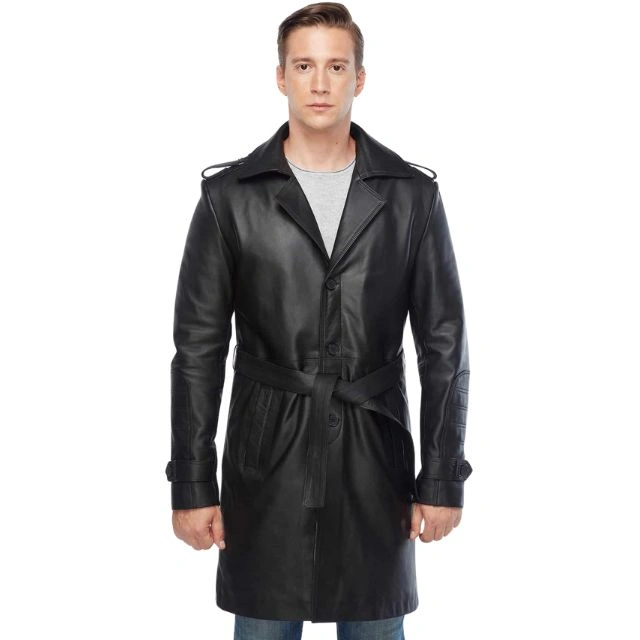 Classic Black Sheepskin Leather Overcoat