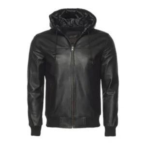 Slim Fit Leather Hooded Bomber Jacket