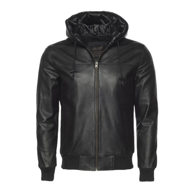 Slim Fit Leather Hooded Bomber Jacket