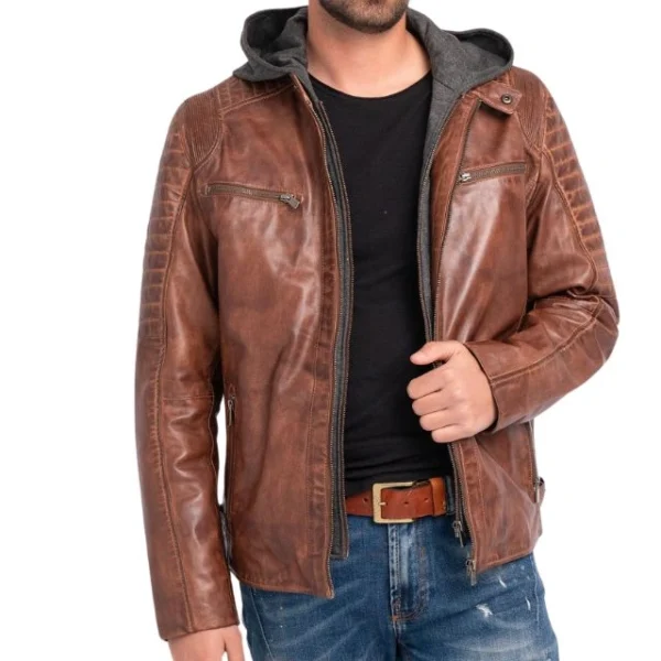 Real Sheepskin Mens Casual Jacket With Removable Hood