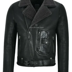Men’s Black RAF B3 Pilot Leather Jacket with Black Faux Fur
