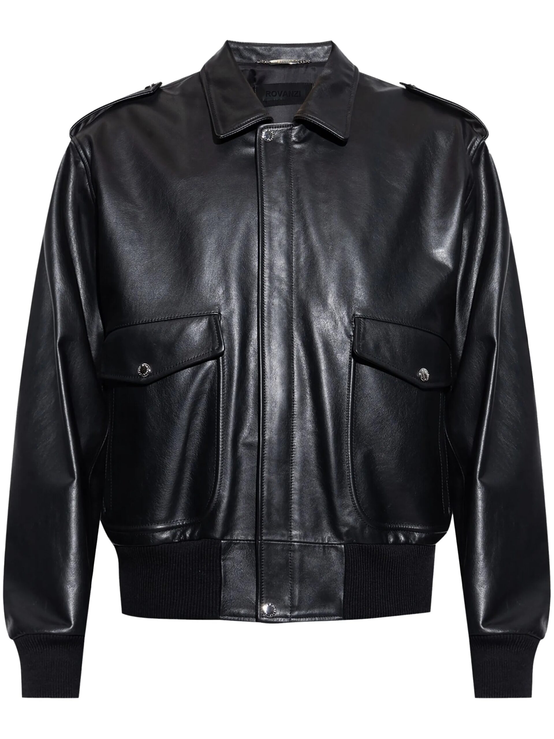 BUNERI Black Leather Bomber Jacket