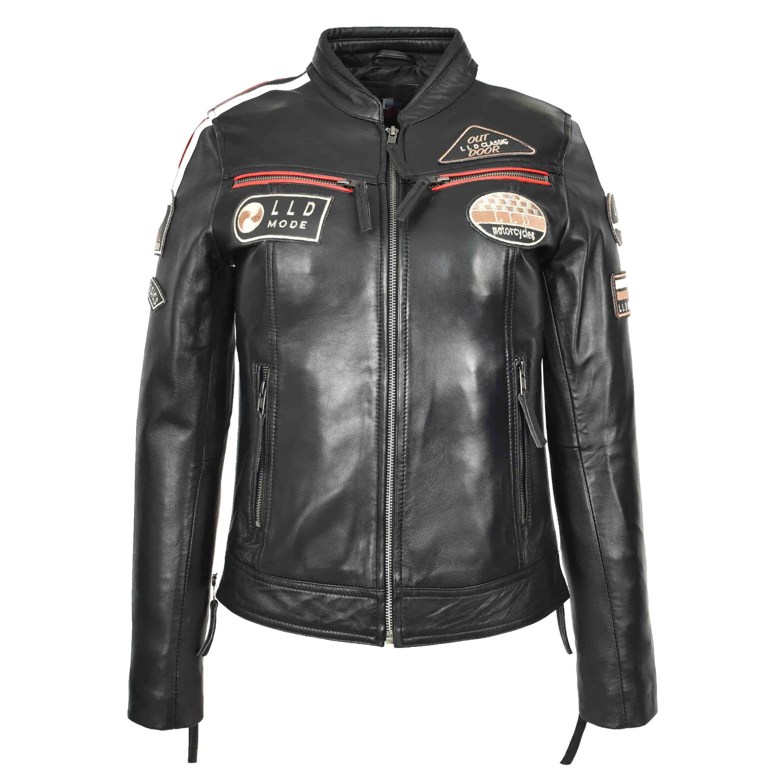 BUNERI Women's Leather Cafe Racer Biker Jacket Motorcycle Badges Black