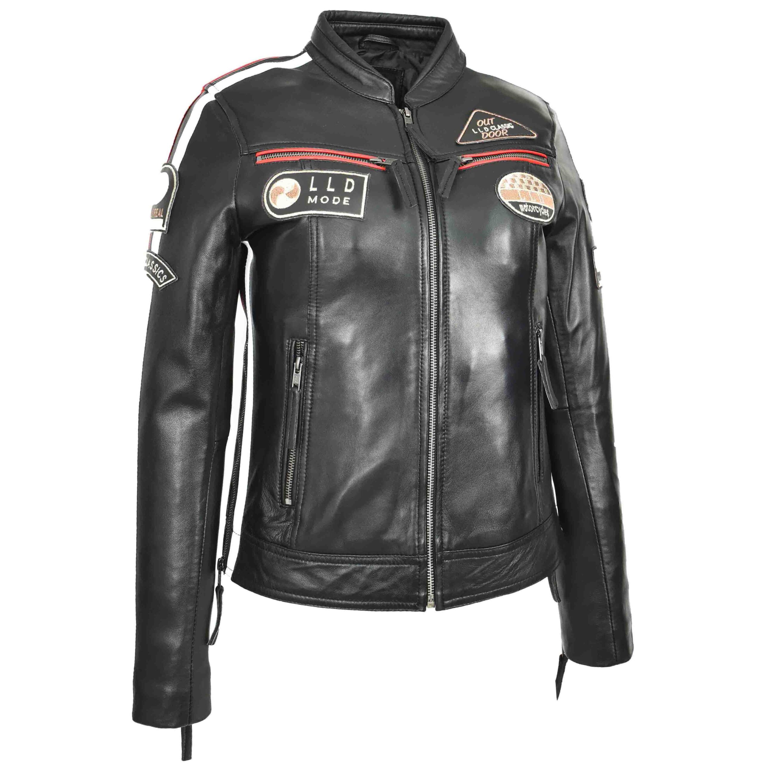 BUNERI Women's Leather Cafe Racer Biker Jacket Motorcycle Badges Black – 3