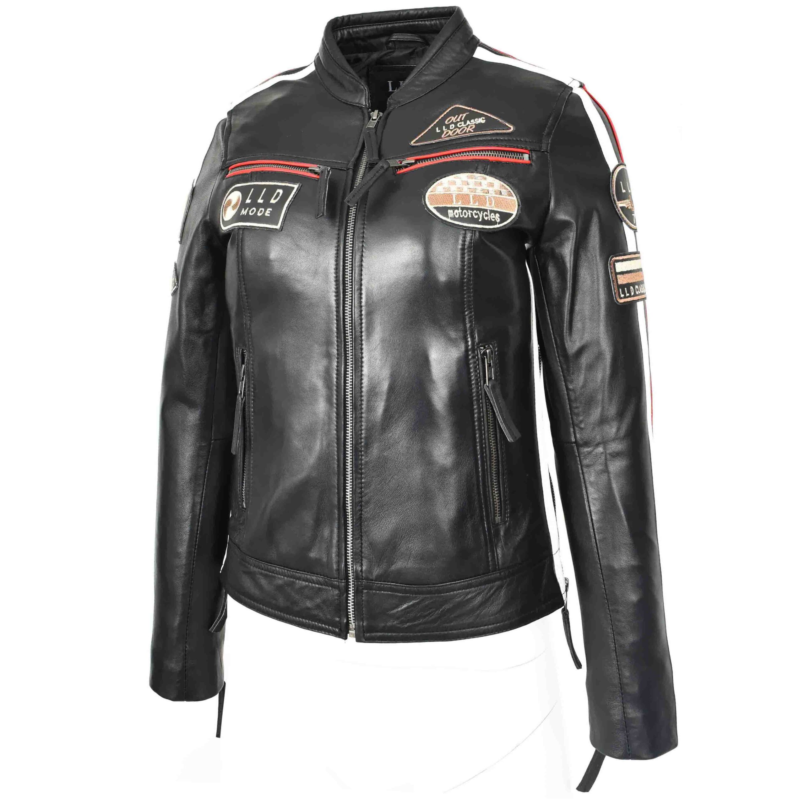 BUNERI Women's Leather Cafe Racer Biker Jacket Motorcycle Badges Black – 4