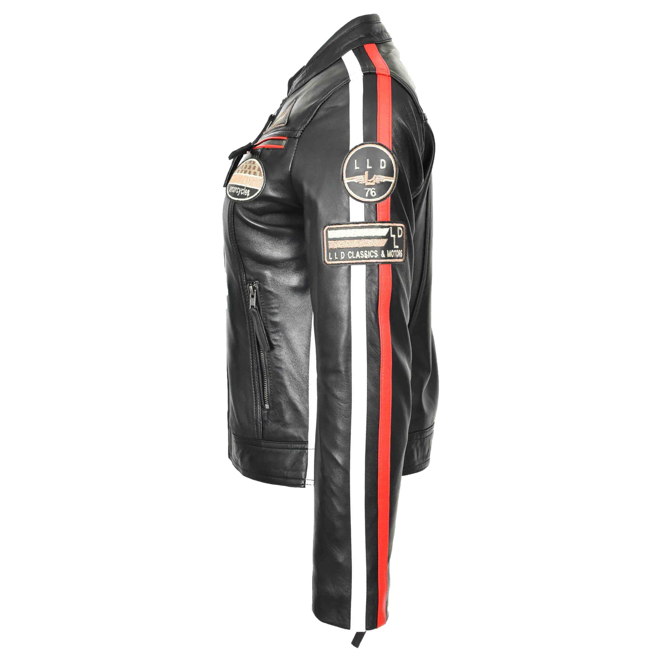 BUNERI Women's Leather Cafe Racer Biker Jacket Motorcycle Badges Black – 5