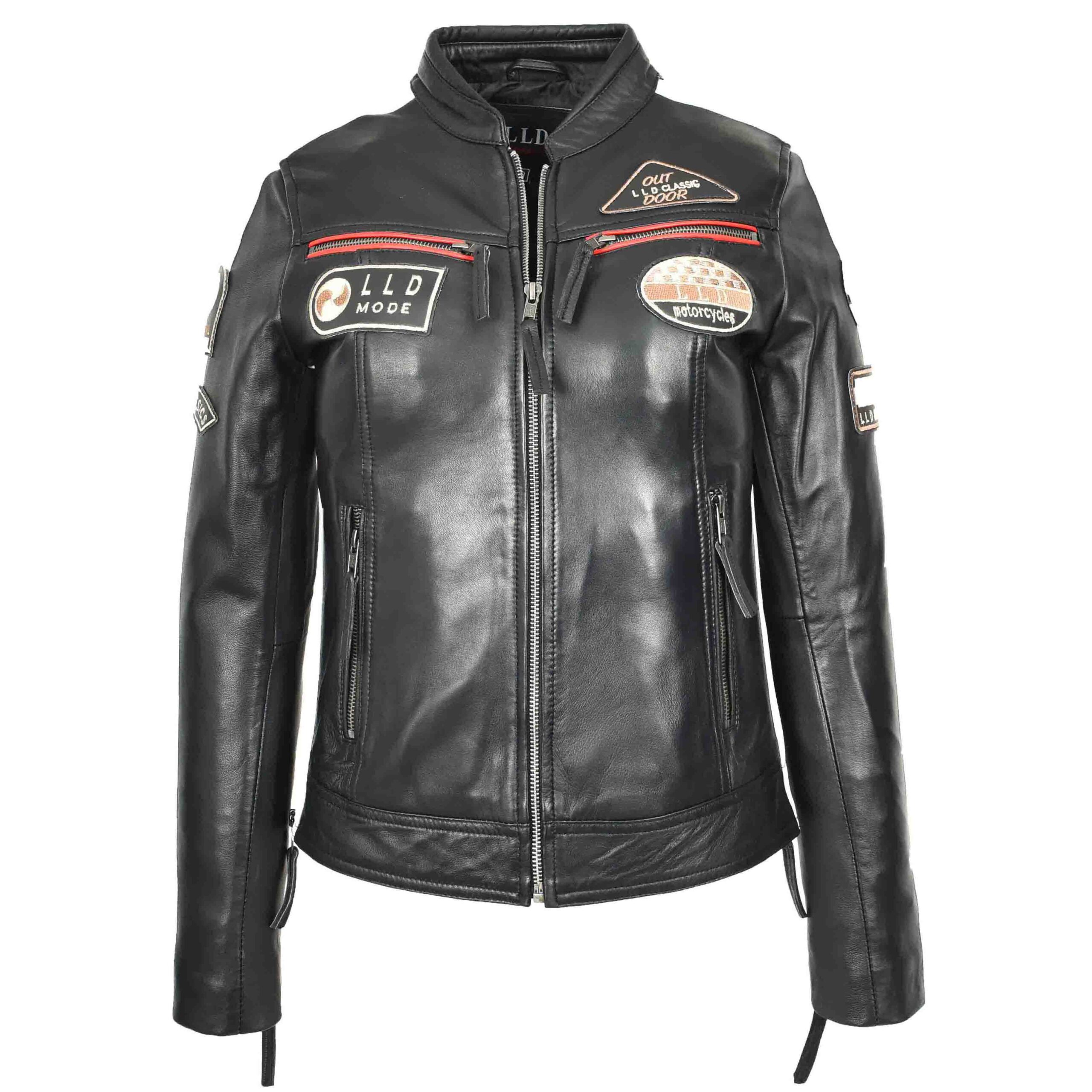 BUNERI Women's Leather Cafe Racer Biker Jacket Motorcycle Badges Black – 7