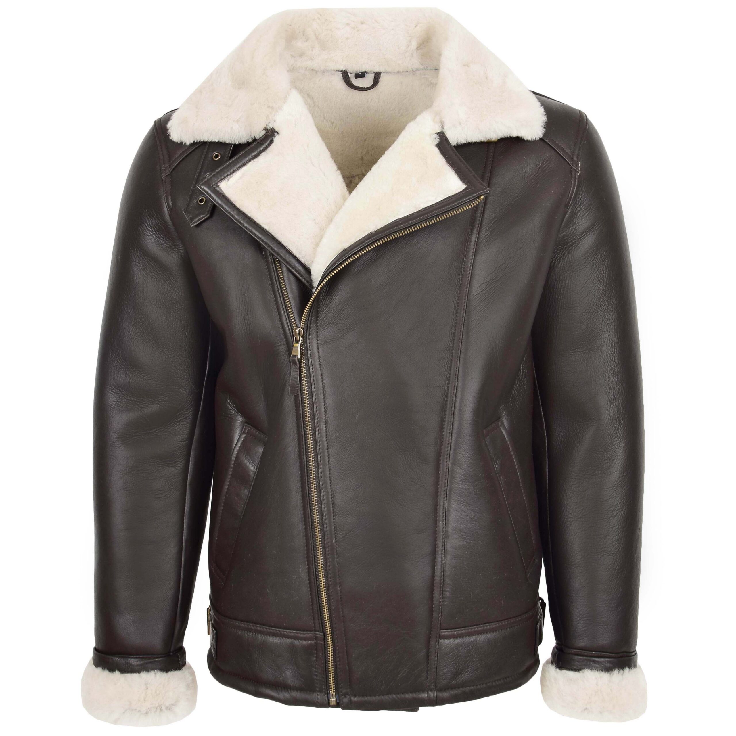 BUNERI Men's Aviator Sheepskin Pilot Jacket Brown White II