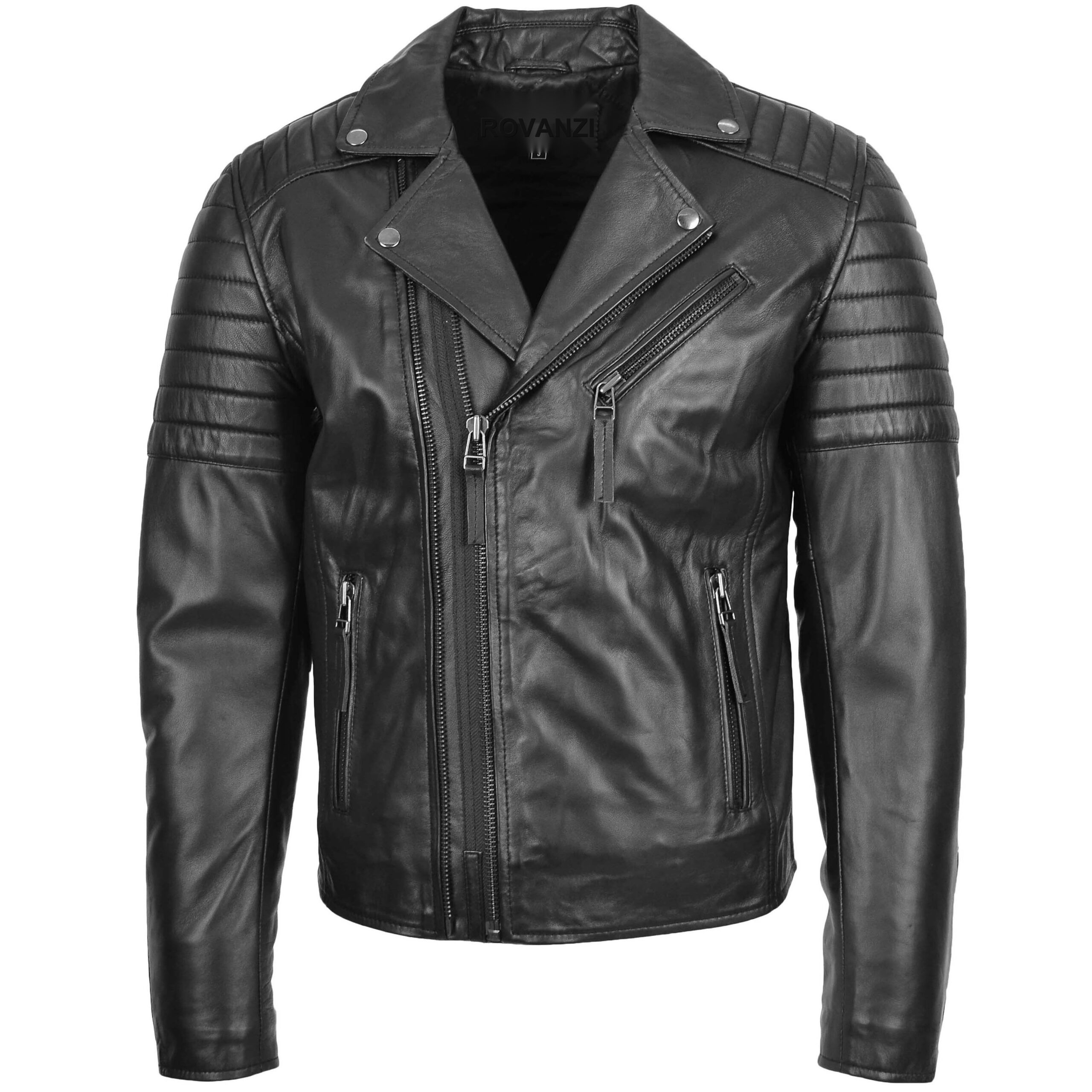 BUNERI Black Leather Biker Jacket Dual Zip Hook Men