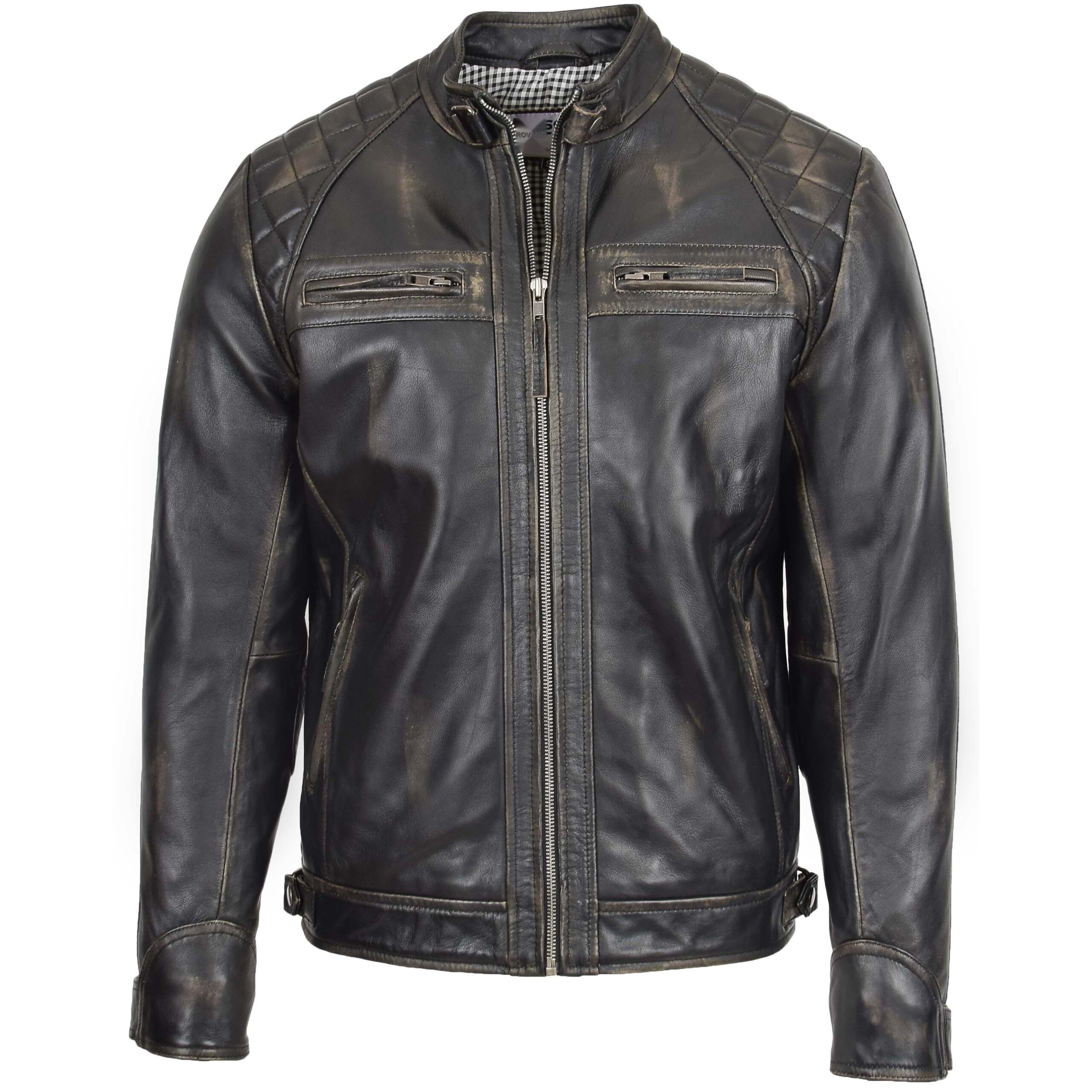 BUNERI Men's Rub-Off Leather Biker Jacket Standing Collar