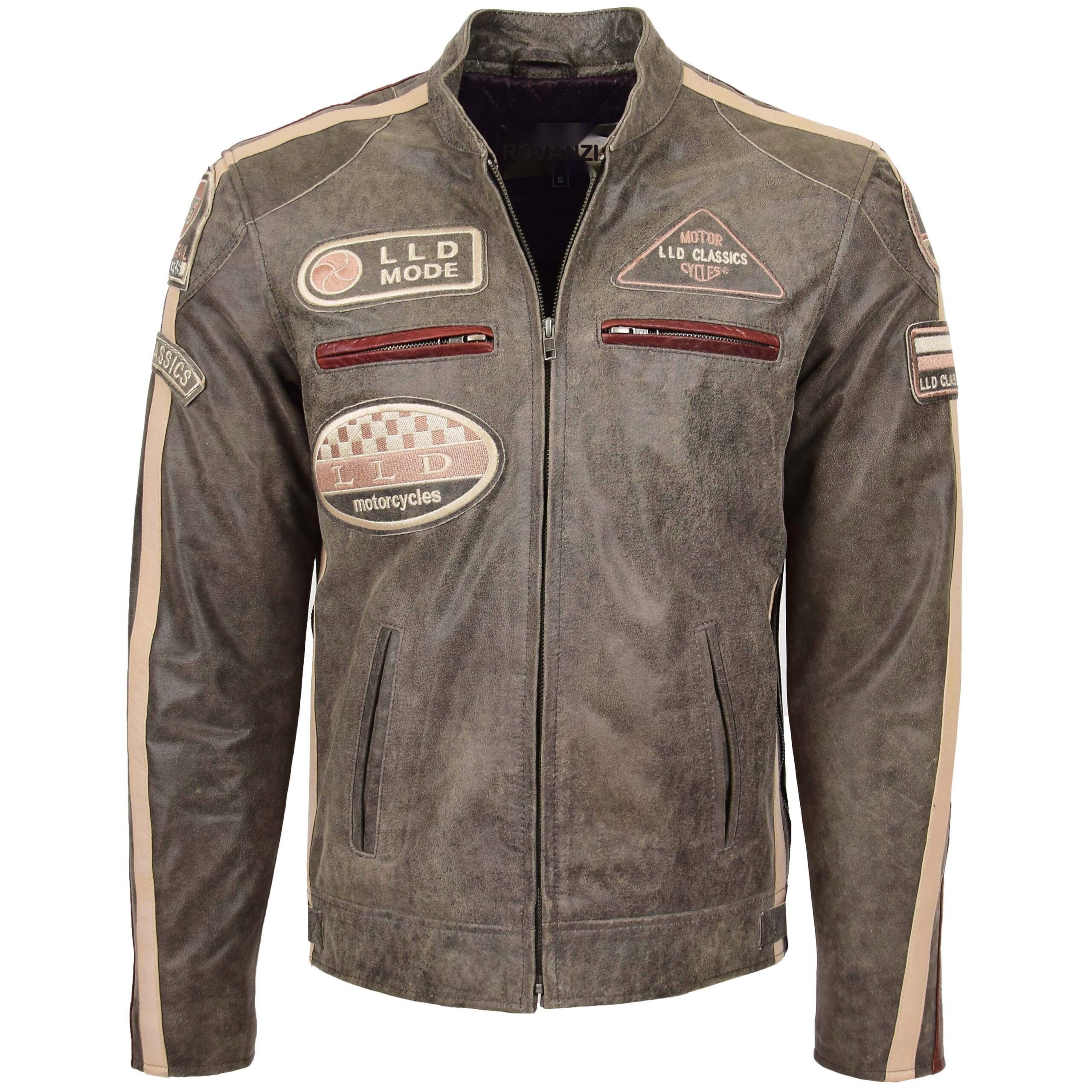 BUNERI Brown Leather Biker Jacket with Badges Men