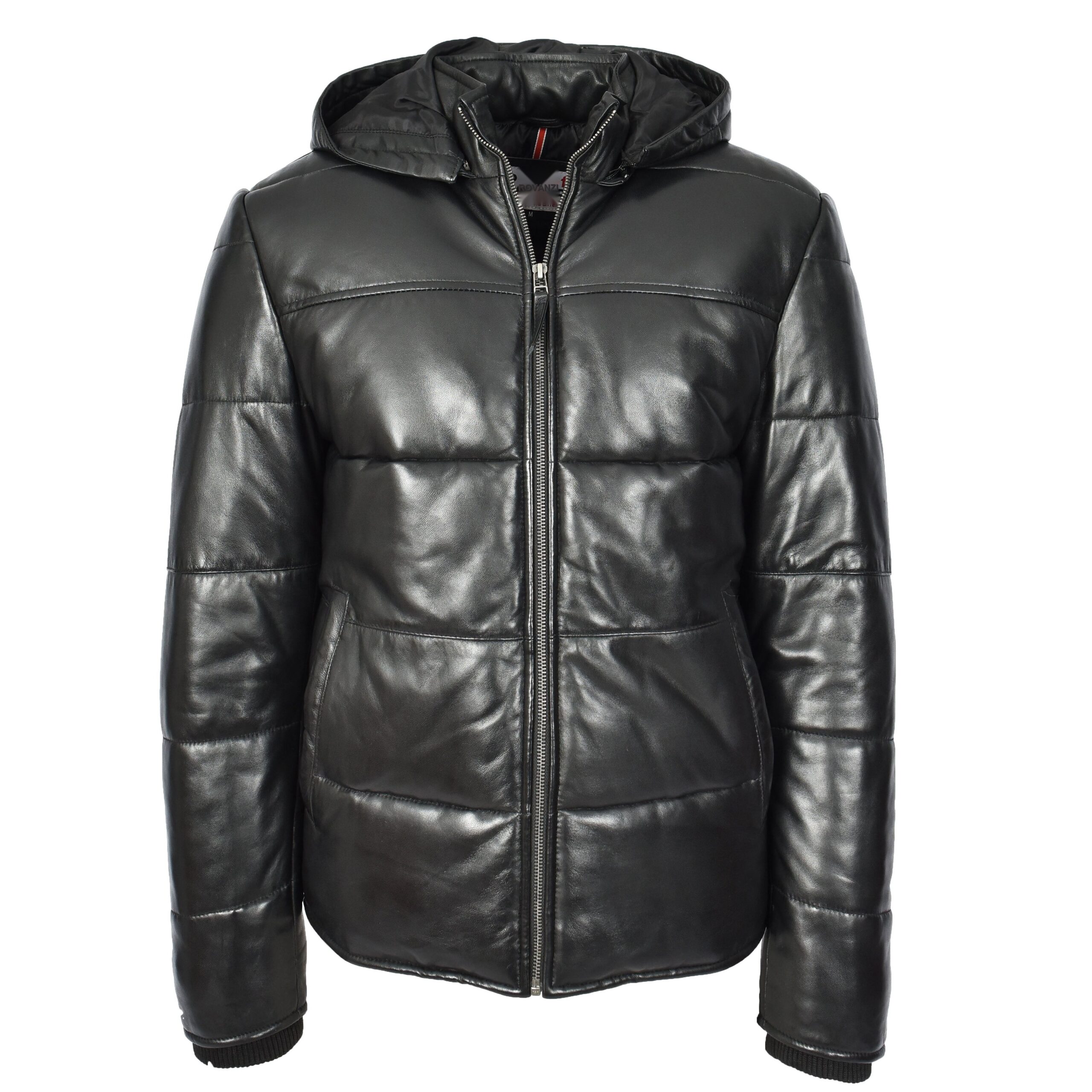 BUNERI Men's Black Leather Puffer Jacket with Detachable Hood