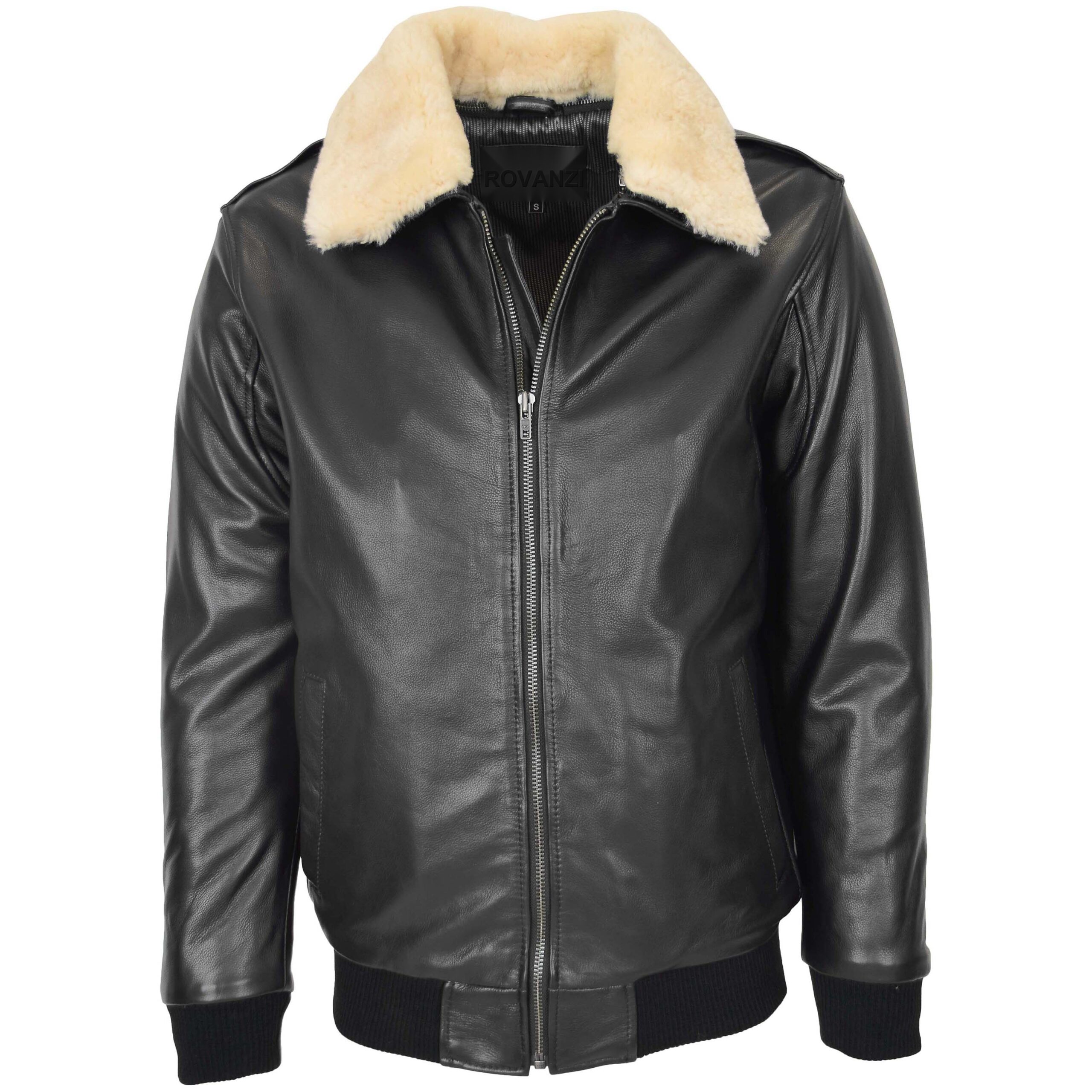 BUNERI Black Leather Bomber Jacket with Sheepskin Collar