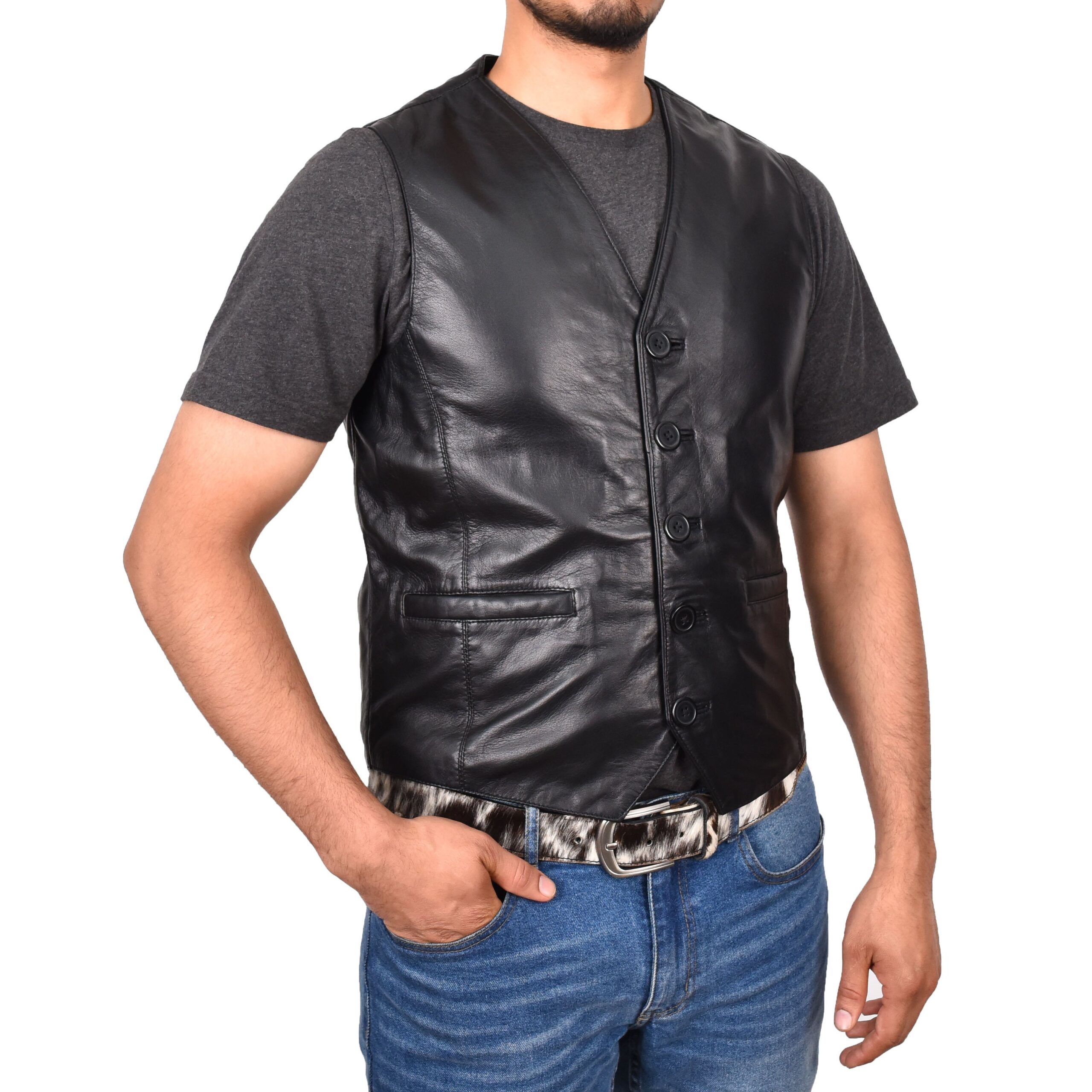 BUNERI Black Leather Button Fastening Vest