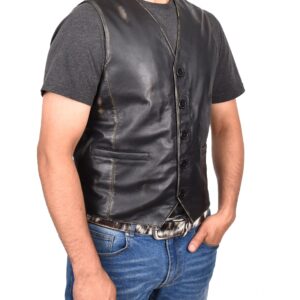 BUNERI Black Leather Vintage Button Fastening Vest