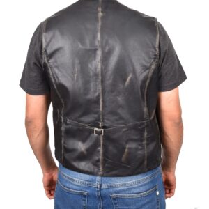 BUNERI Black Leather Vintage Button Fastening Vest