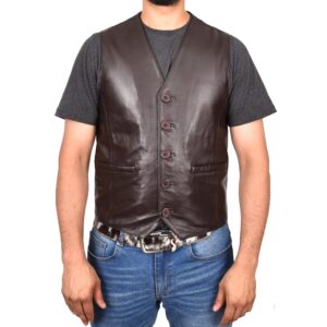 BUNERI Men’s Brown Leather Vest Button-Fastening