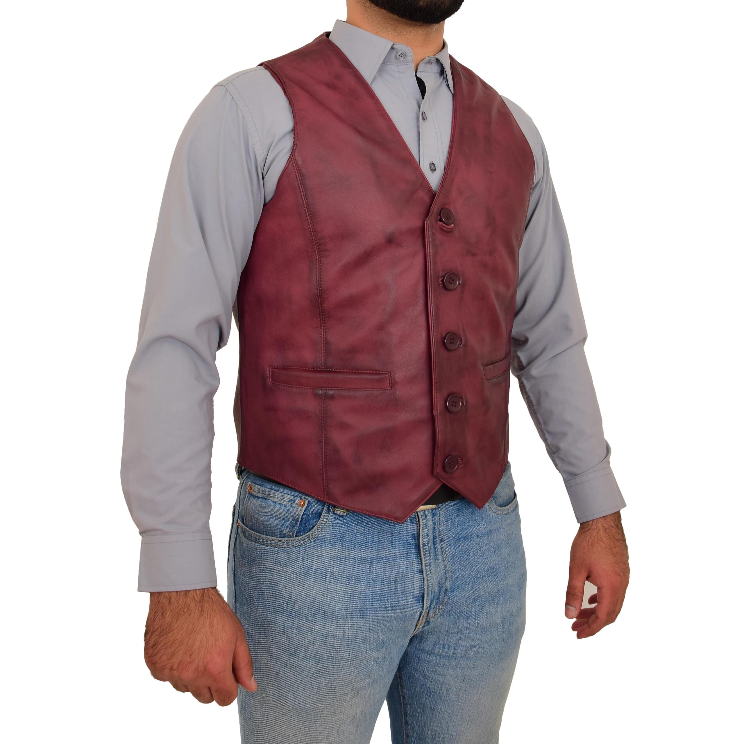BUNERI Men's Burgundy Leather Vest Button-Fastening