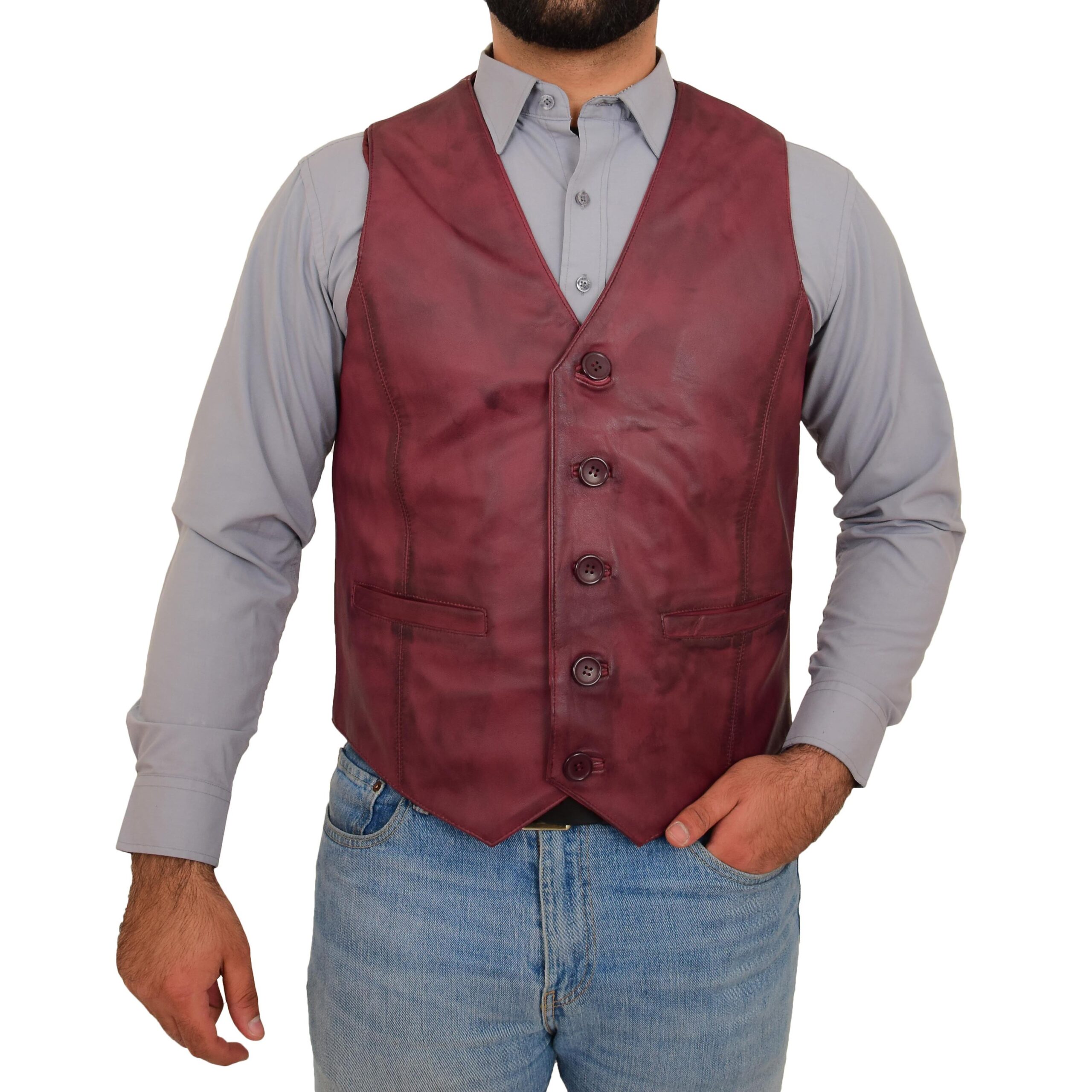 BUNERI Men's Burgundy Leather Vest Button-Fastening – 3