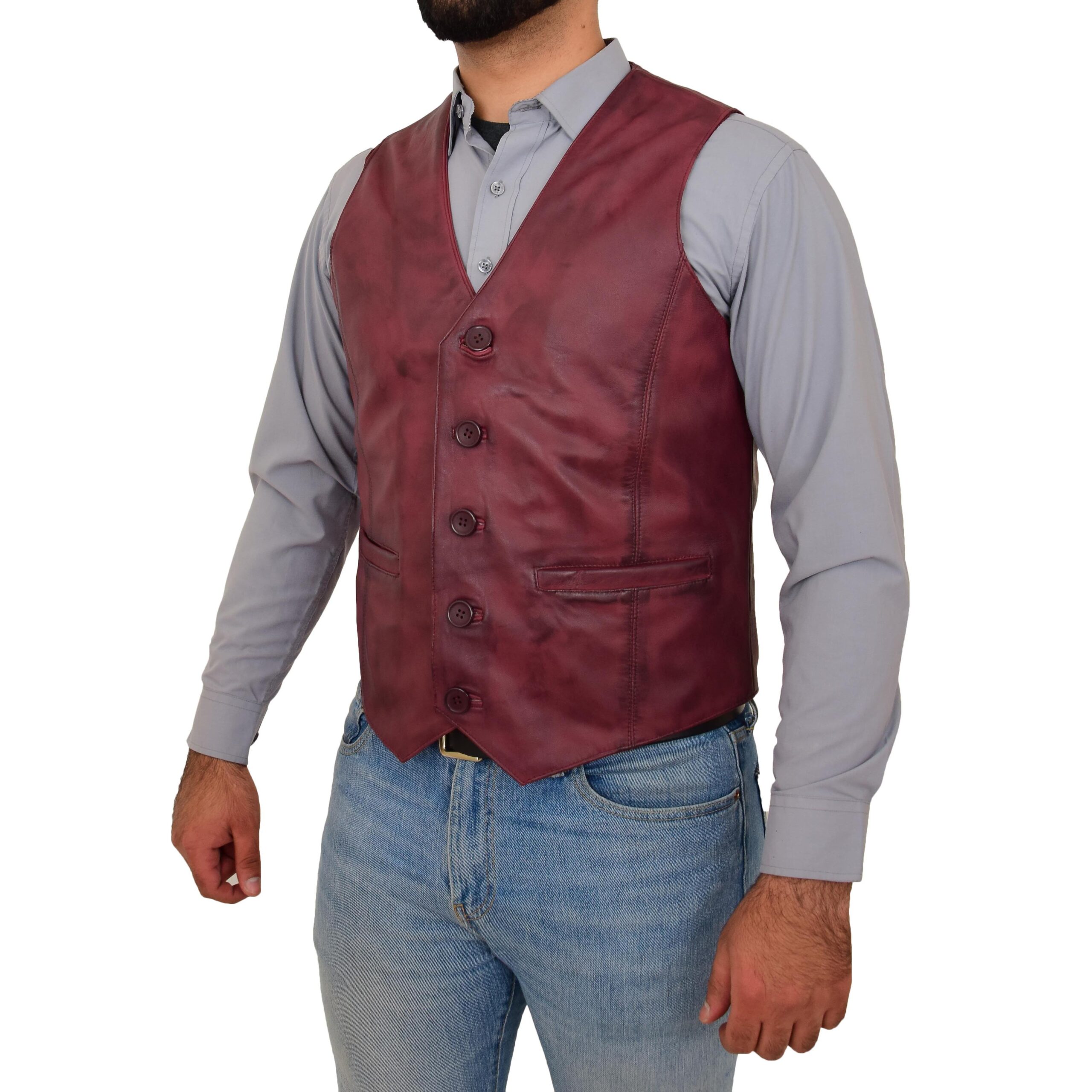 BUNERI Men's Burgundy Leather Vest Button-Fastening – 4