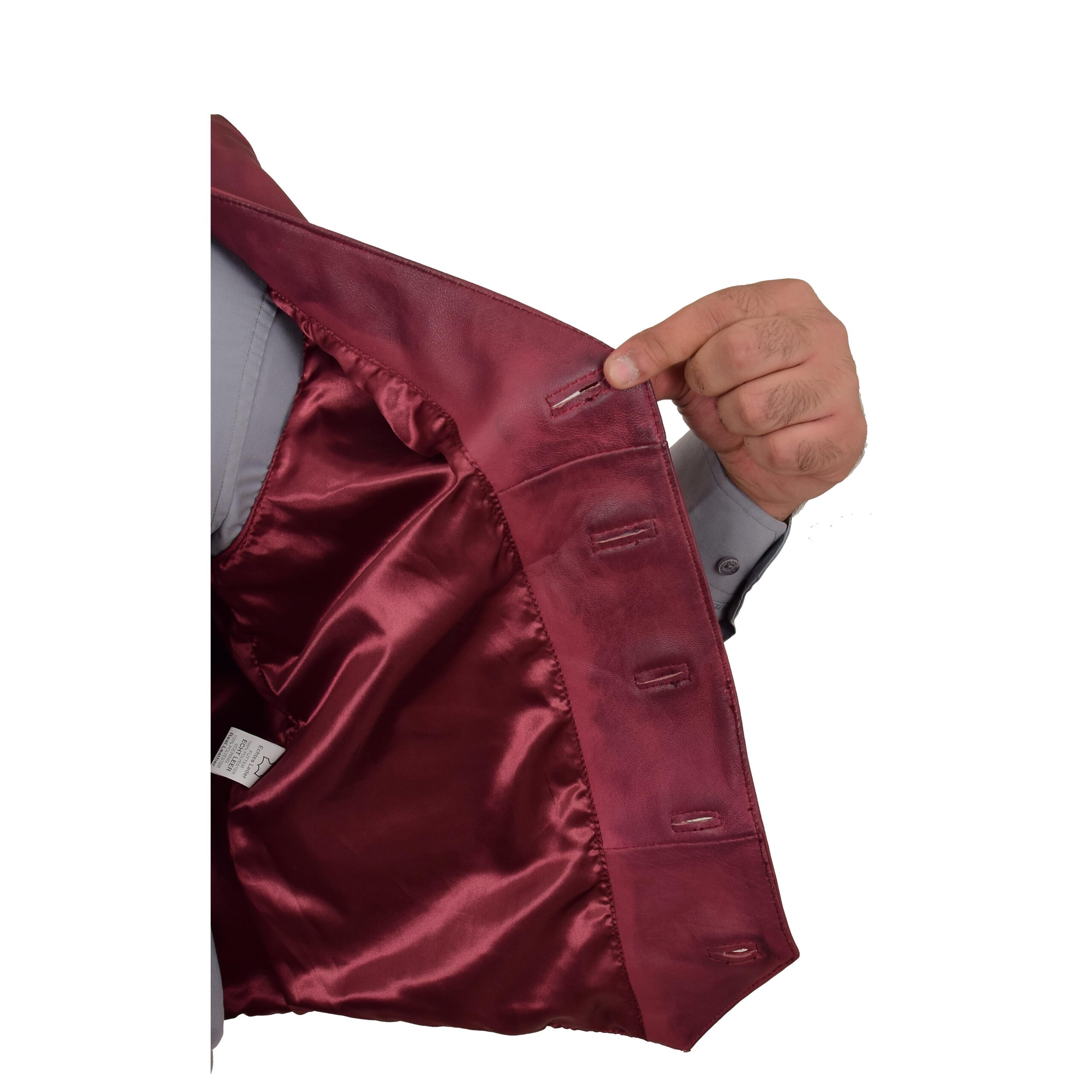 BUNERI Men's Burgundy Leather Vest Button-Fastening – 5