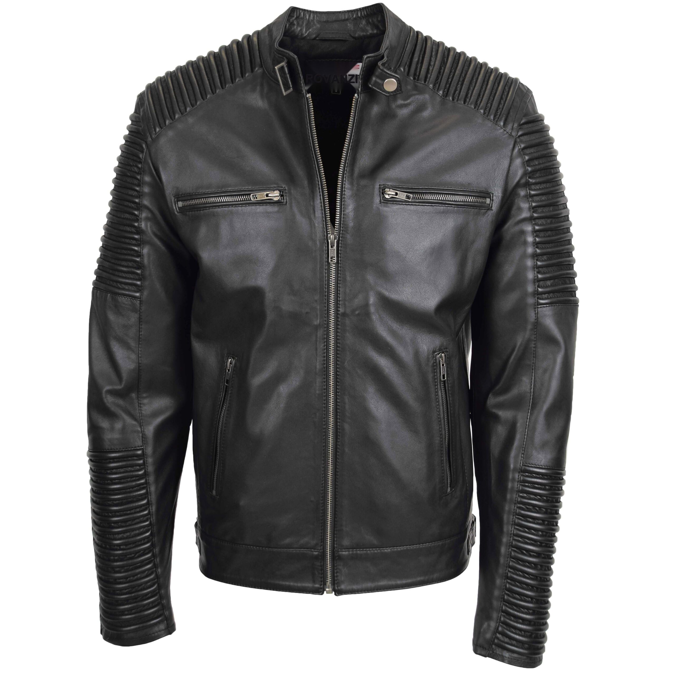 BUNERI Men's Casual Soft Leather Biker Jacket Black