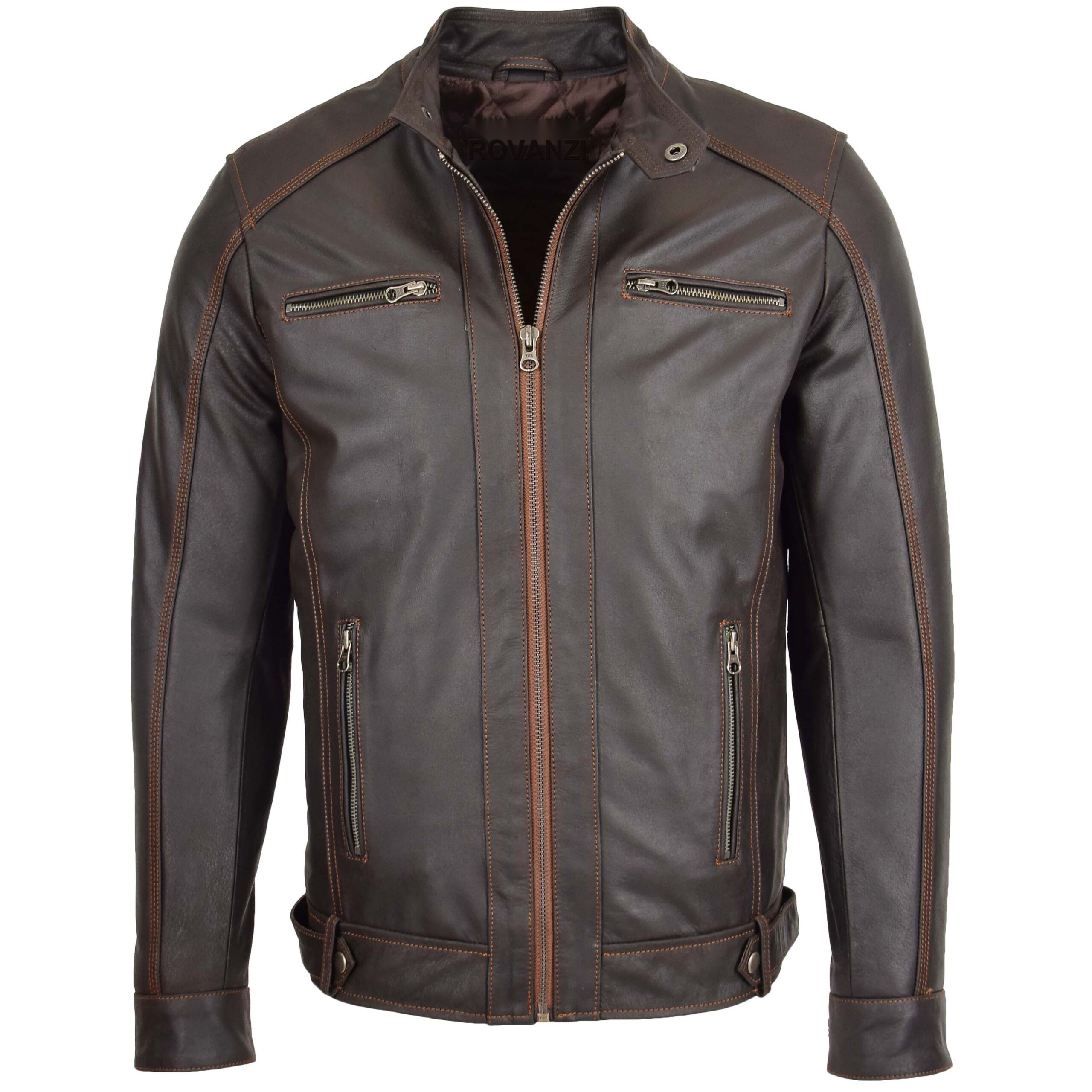 BUNERI Men's Brown Classic Leather Biker Style Zip Jacket