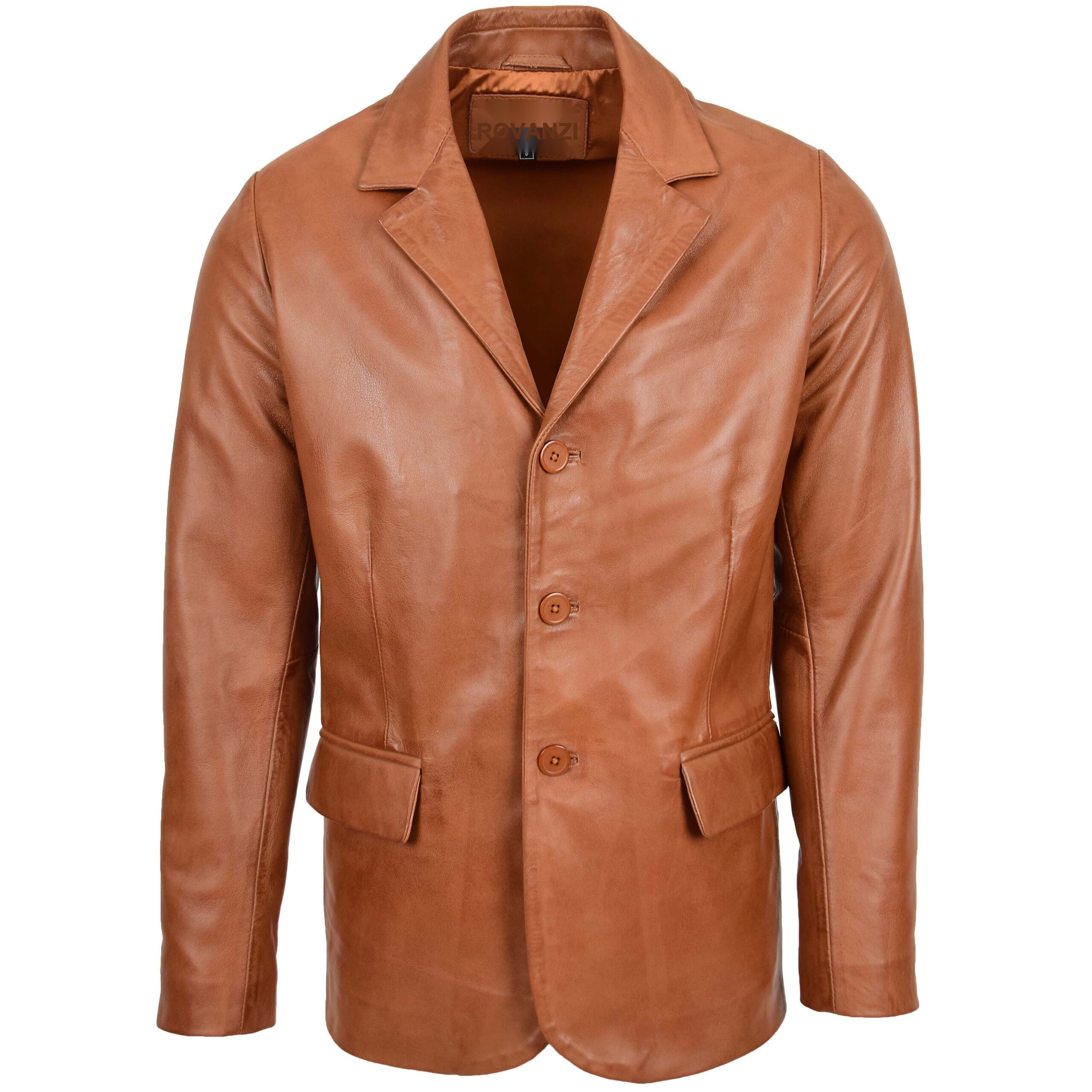 BUNERI Tan Classic Three Button Soft Leather Blazer Men