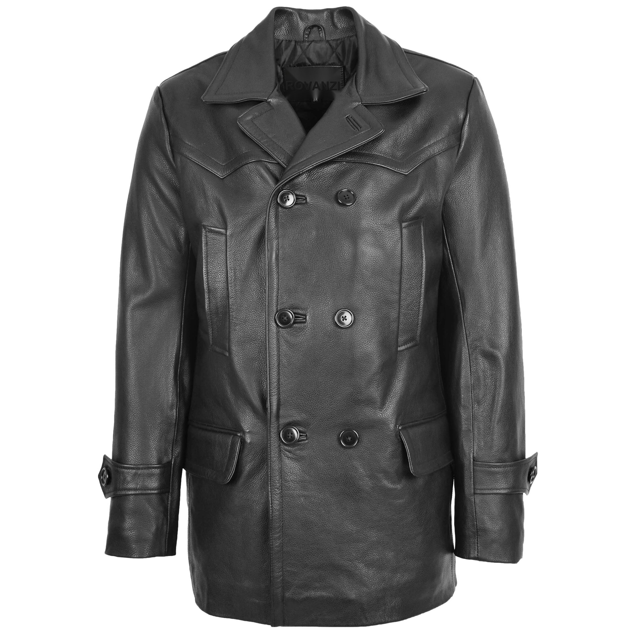 BUNERI Black Double-Breasted Leather Peacoat