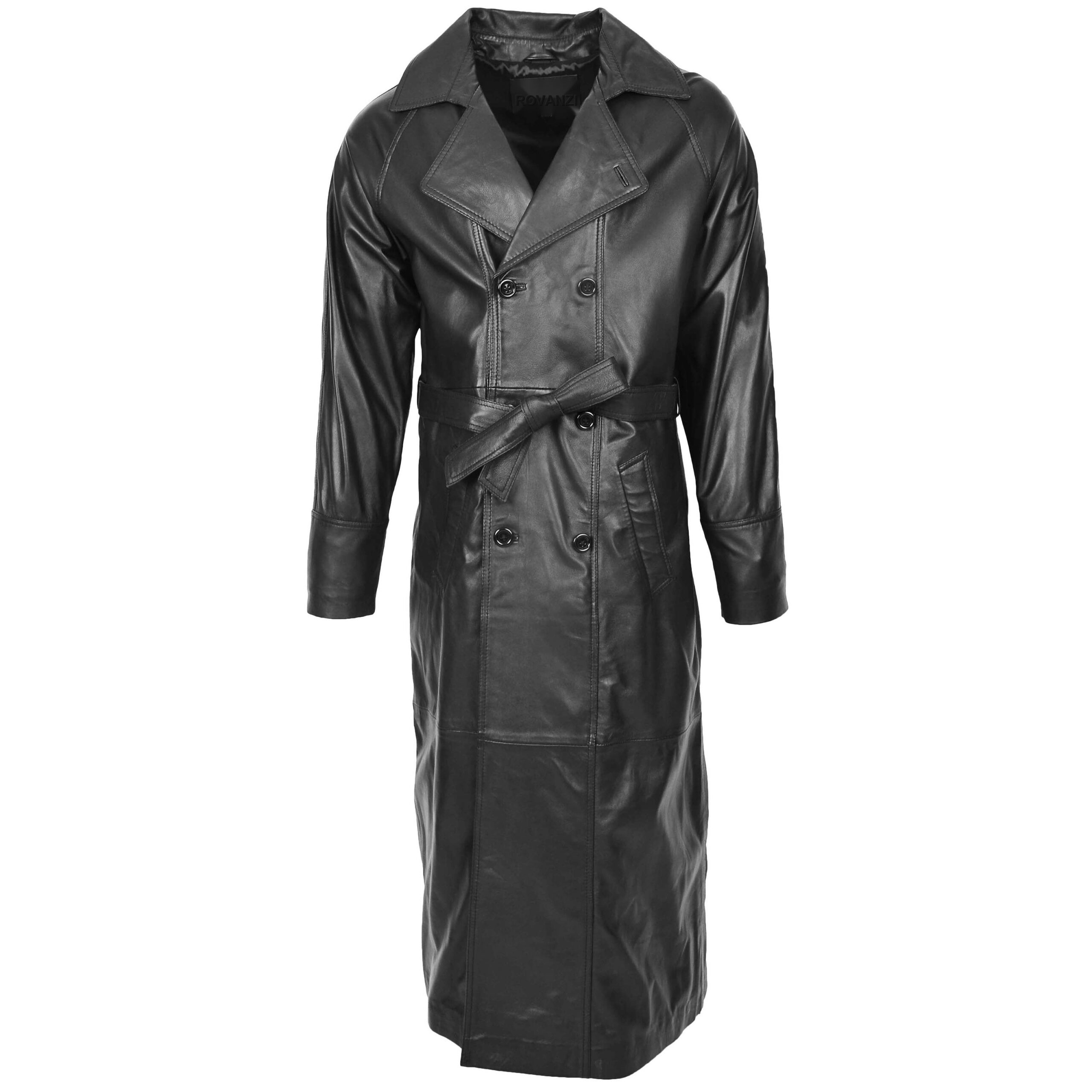 BUNERI Men's Full-Length Double-Breasted Black Leather Coat