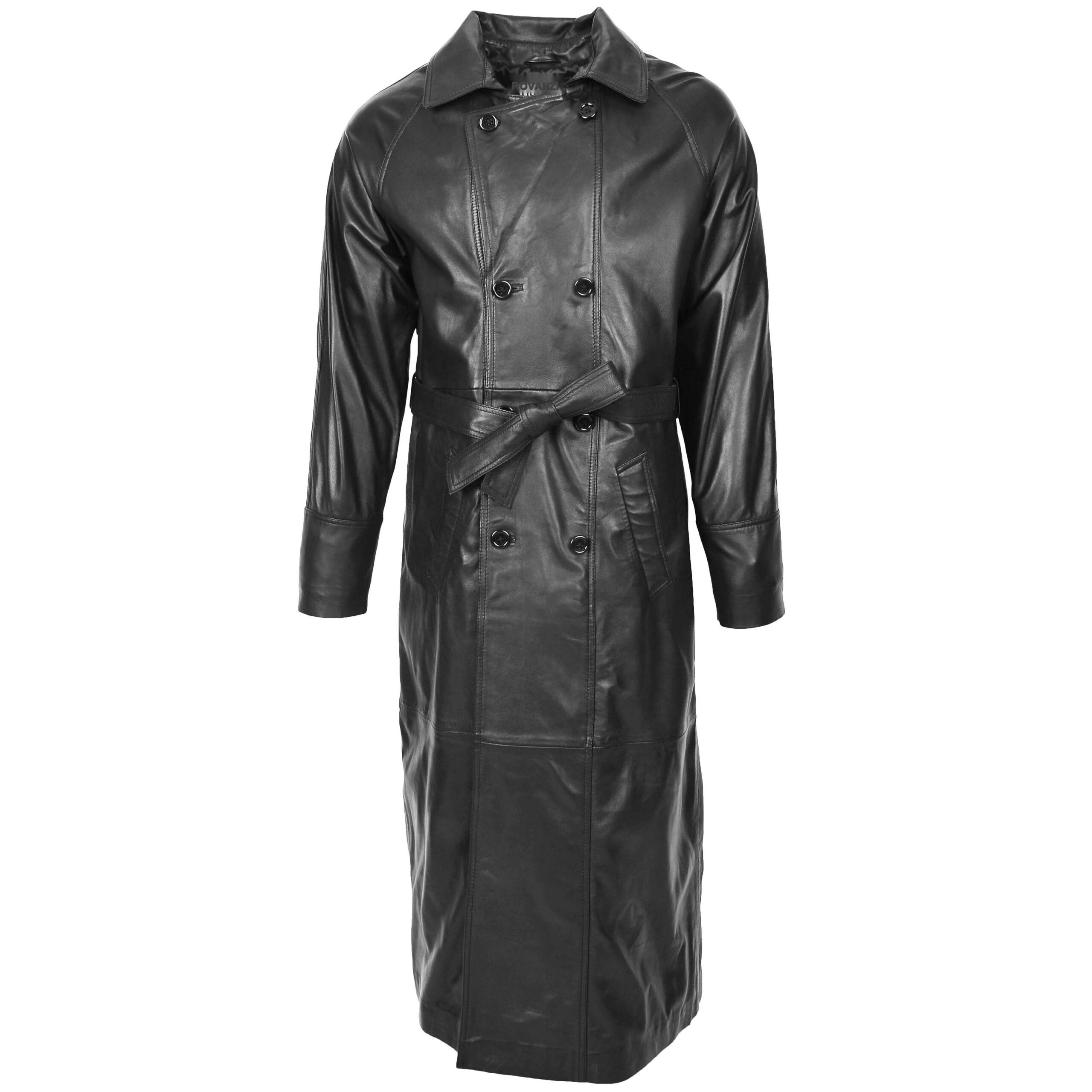BUNERI Men's Full-Length Double-Breasted Black Leather Coat – 3