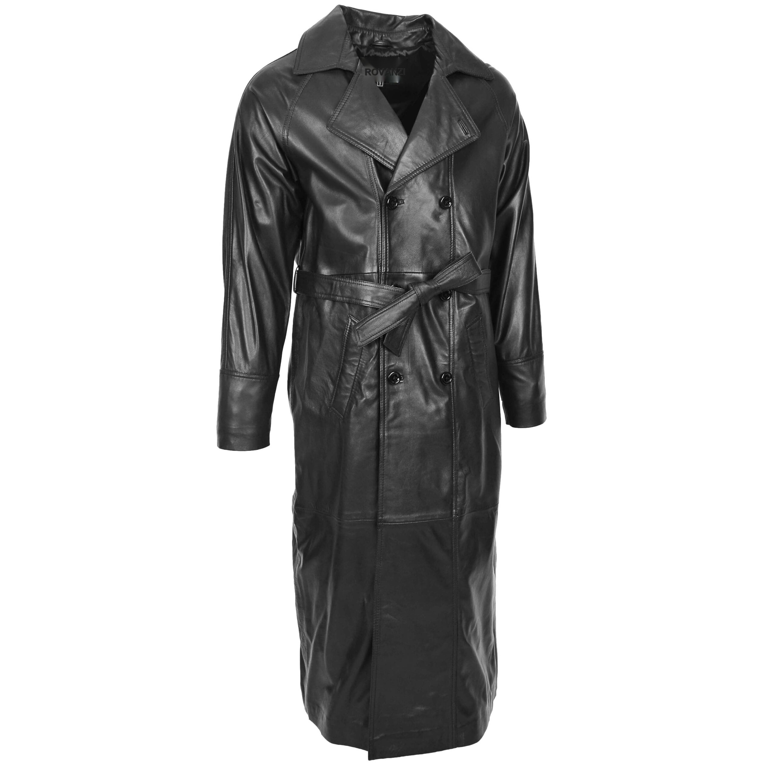 BUNERI Men's Full-Length Double-Breasted Black Leather Coat – 4