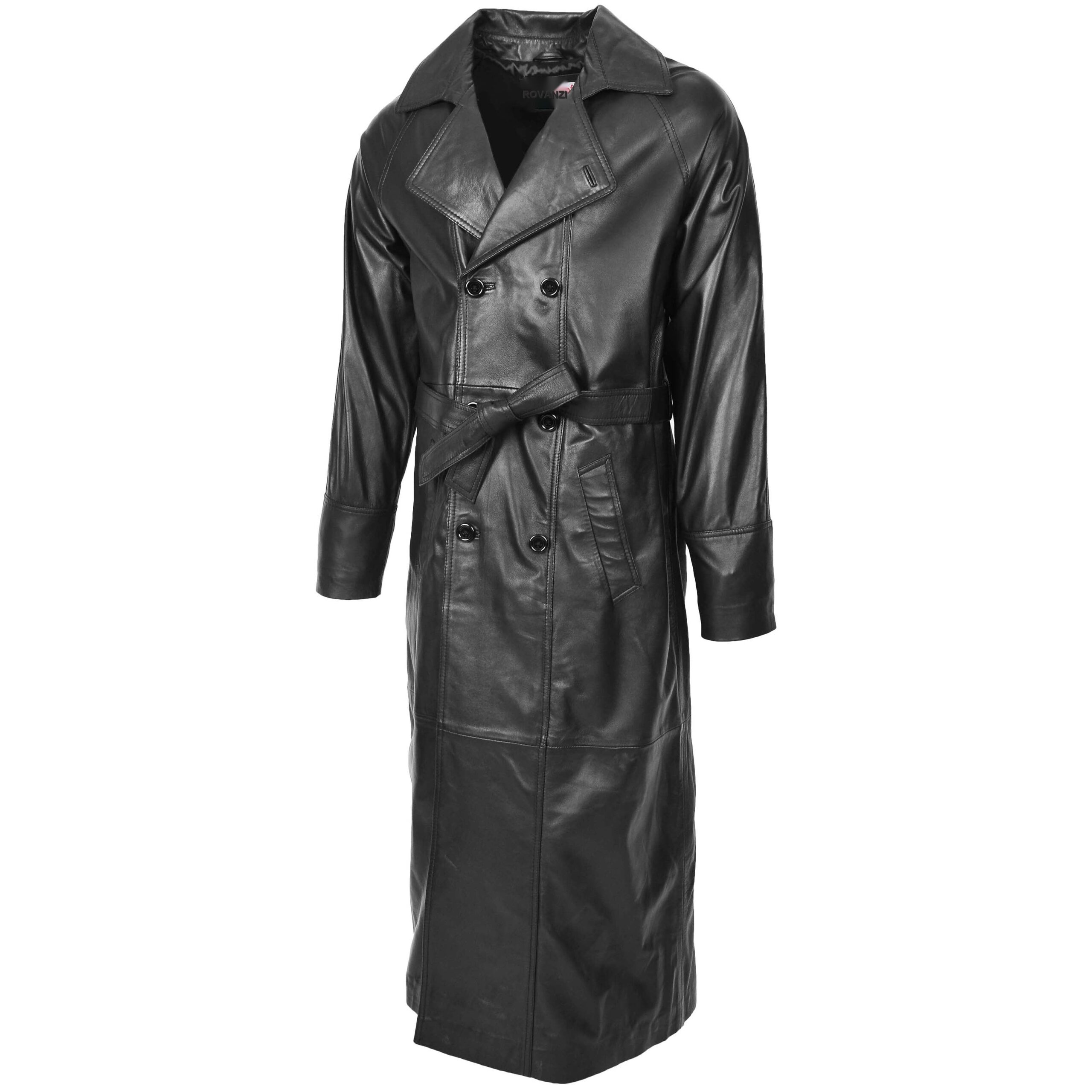 BUNERI Men's Full-Length Double-Breasted Black Leather Coat – 5