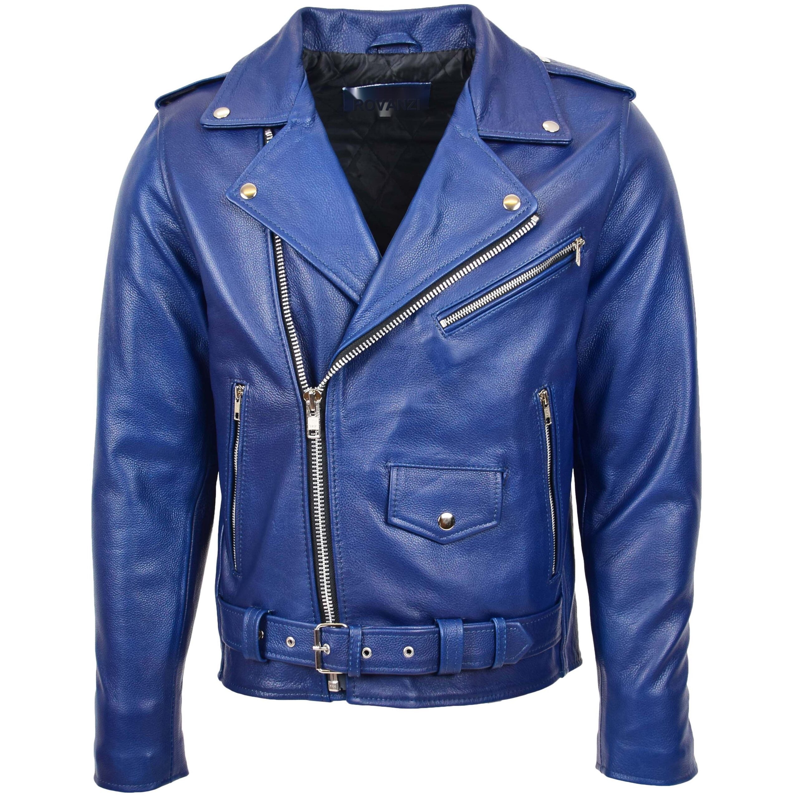 BUNERI Men's Heavy-Duty Blue Leather Biker Jacket