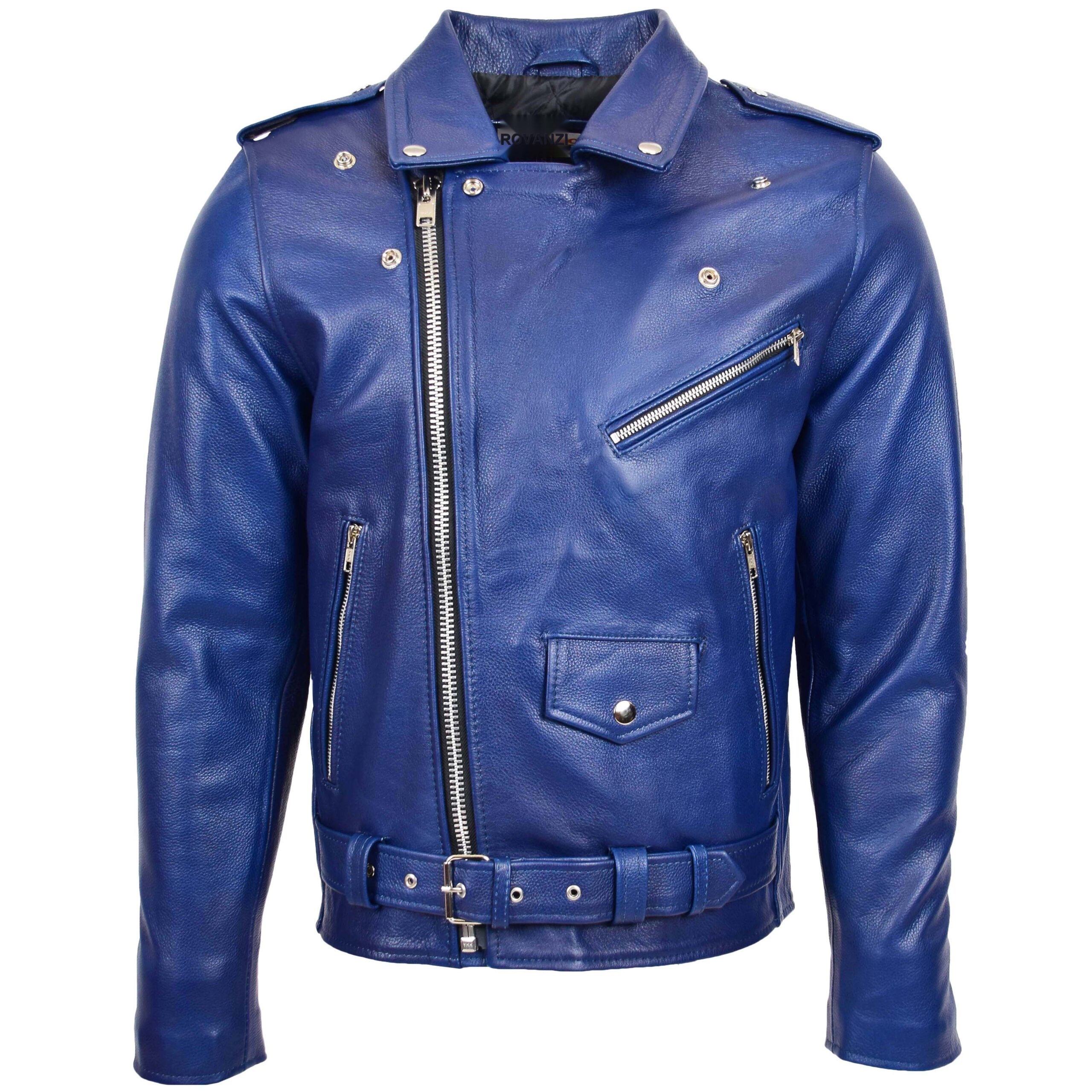 BUNERI Men's Heavy-Duty Blue Leather Biker Jacket – 3