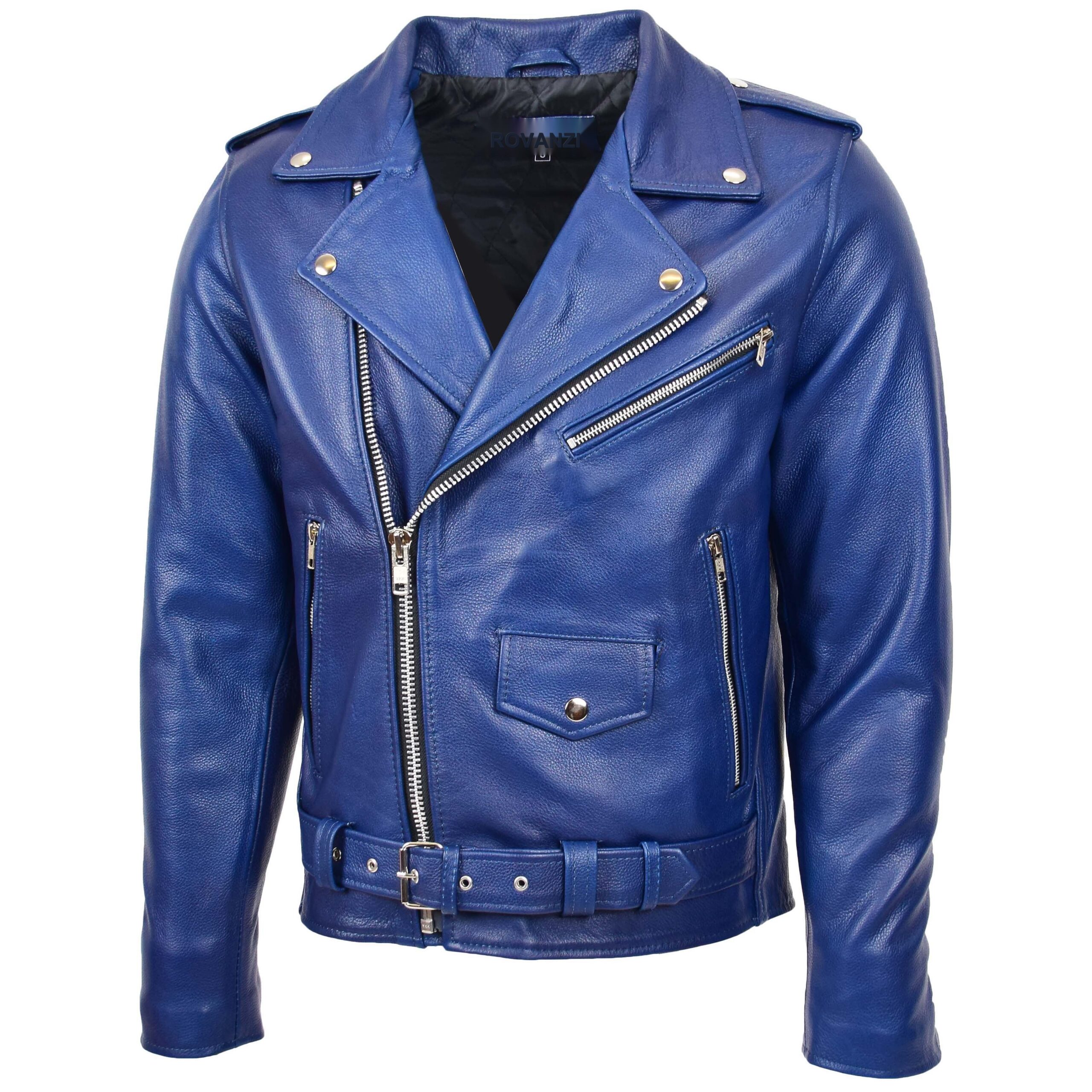 BUNERI Men's Heavy-Duty Blue Leather Biker Jacket – 4